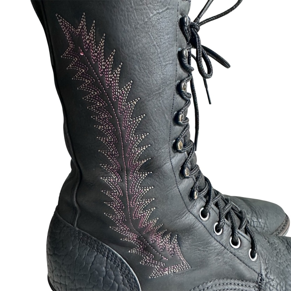 Dark Cowboy Ethel Cain-Style Black REAL Leather Unique Lace-Up Embroidered Boots - Picture 3 of 13